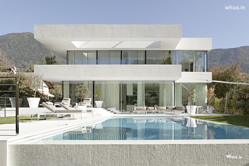 White Luxurious House With Swimming Pool HD Wallpaper
