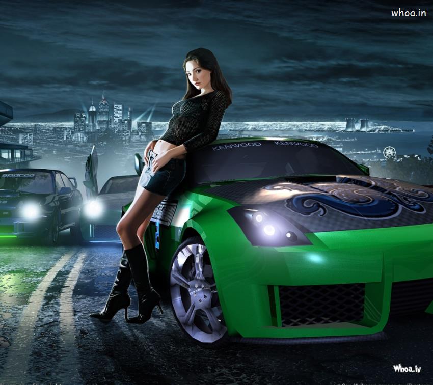 Green Spots Car With Girls HD Wallpaper