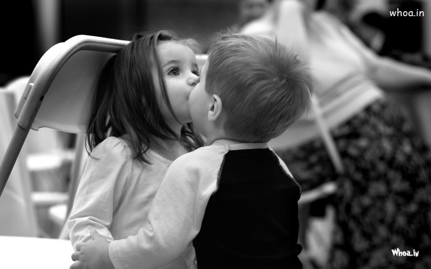 Little Boy Kiss To Child Girl Black And White HD Baby Kiss Wallpaper