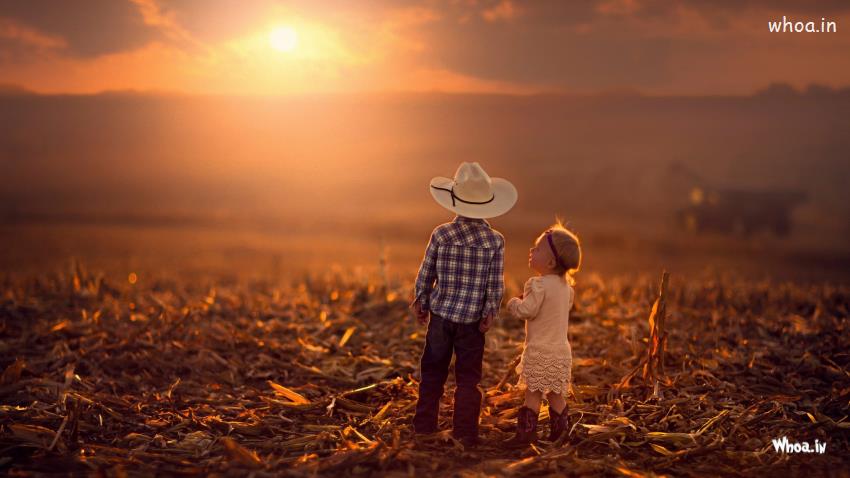 Little Children Boy And Girl View The Sunset HD Cute Wallpaper