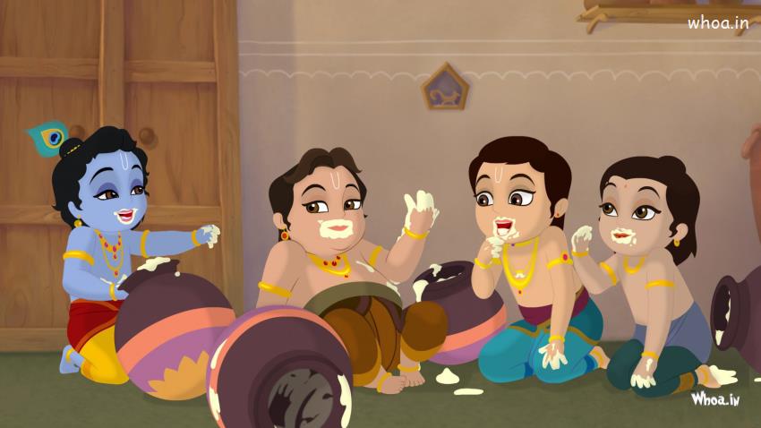 Lord Bal Krishna Eat Makhan With His Friend HD Wallpaper