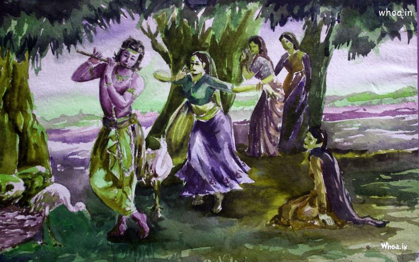 Lord Krishna Rass Leela Hand Painting HD Wallpaper