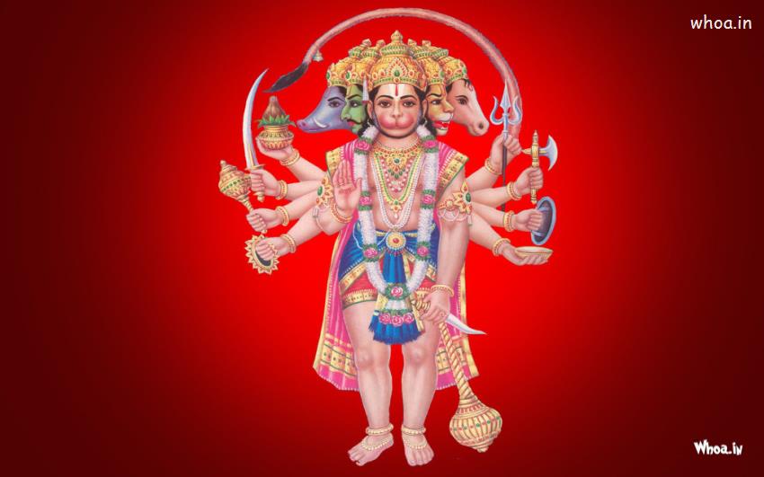 Lord Panchmukhi Hanuman With Red Background HD Wallpaper