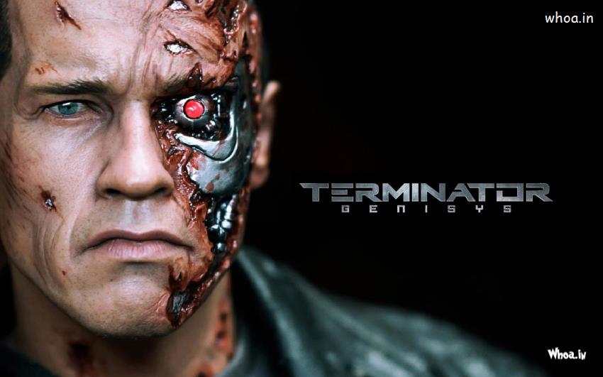 Terminator Genisys 2015 With Arnold Face Closeup Movies Wallpaper