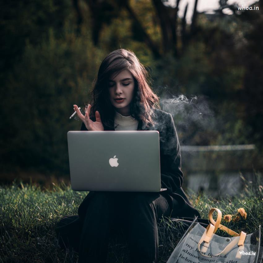 A Girl Using Laptop And Smoking Cigrette Hd Images Wallpapers 