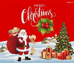 Merry X-Mas Christmas Tree & Santa Claus red backg
