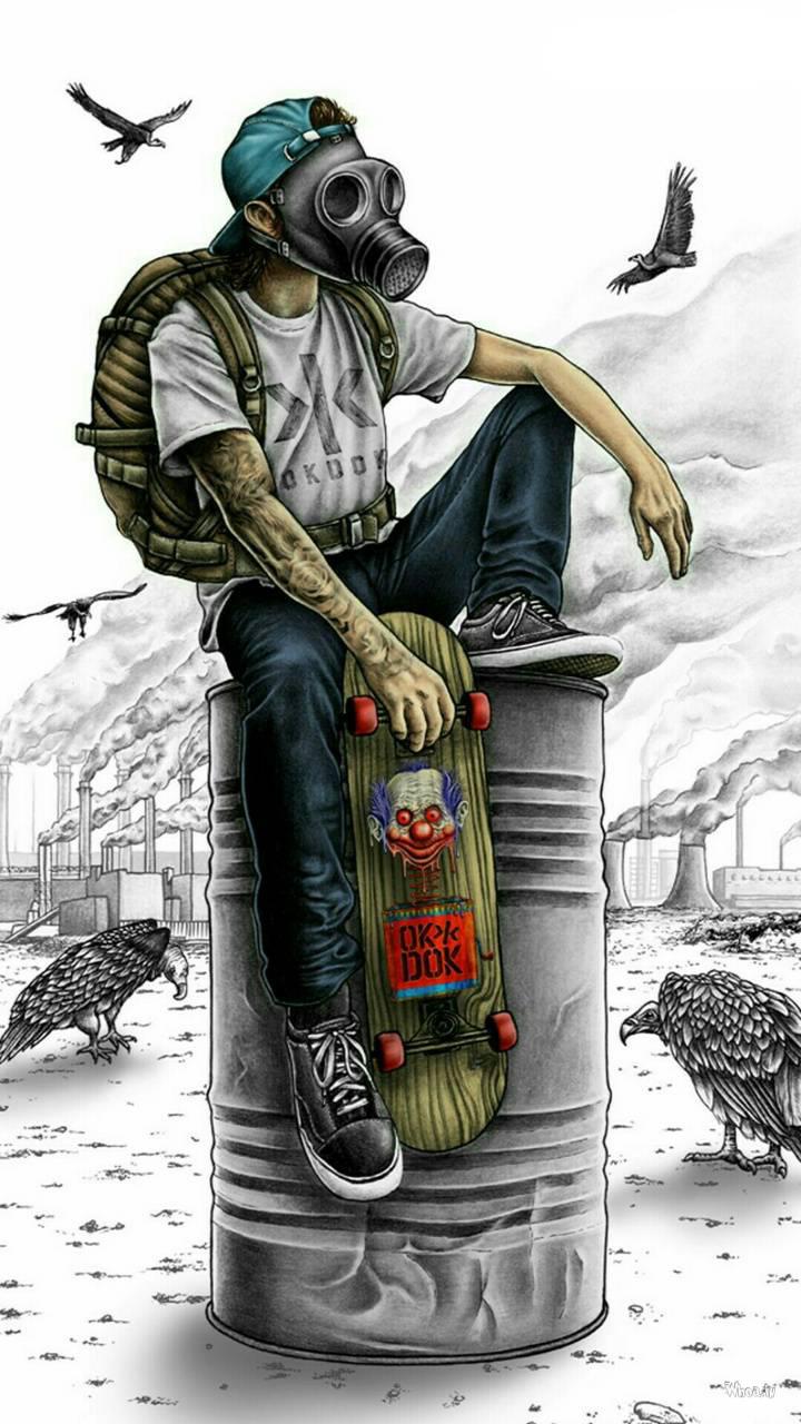Boy Wearing Mask Sitting With Skate Board Mobile Wallpapers