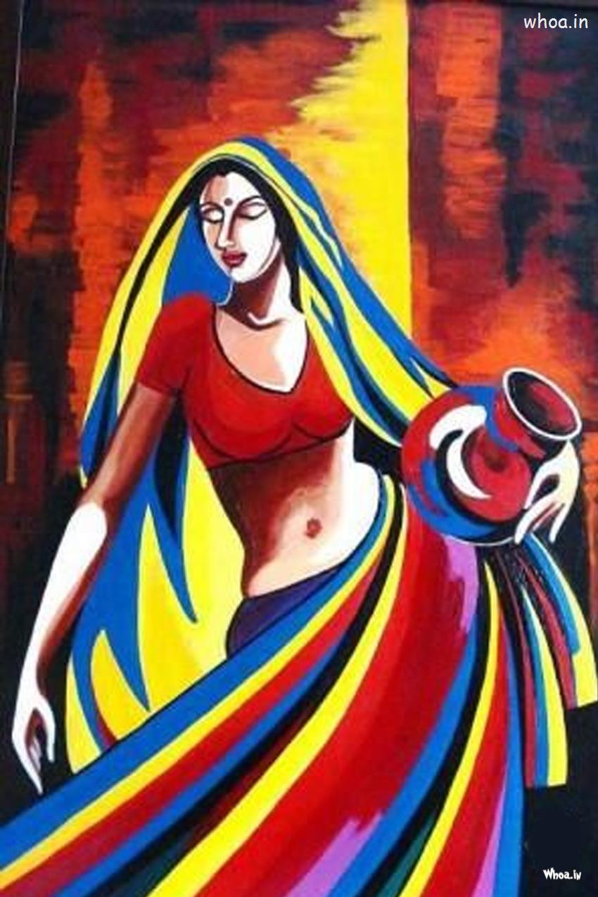 Beautiful Painting Of Rajasthani Women Carrying Pot 