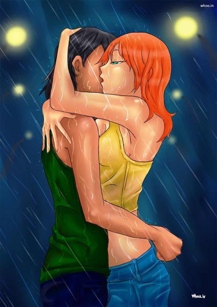 Cartoon Couple Hugging In Rain Hd Wallpaper