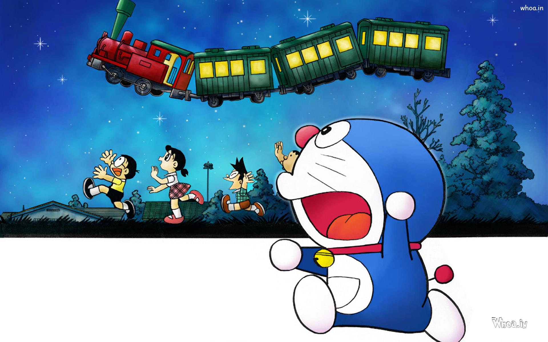 Doraemon And Other Cartoon Character Reach To Flying Train