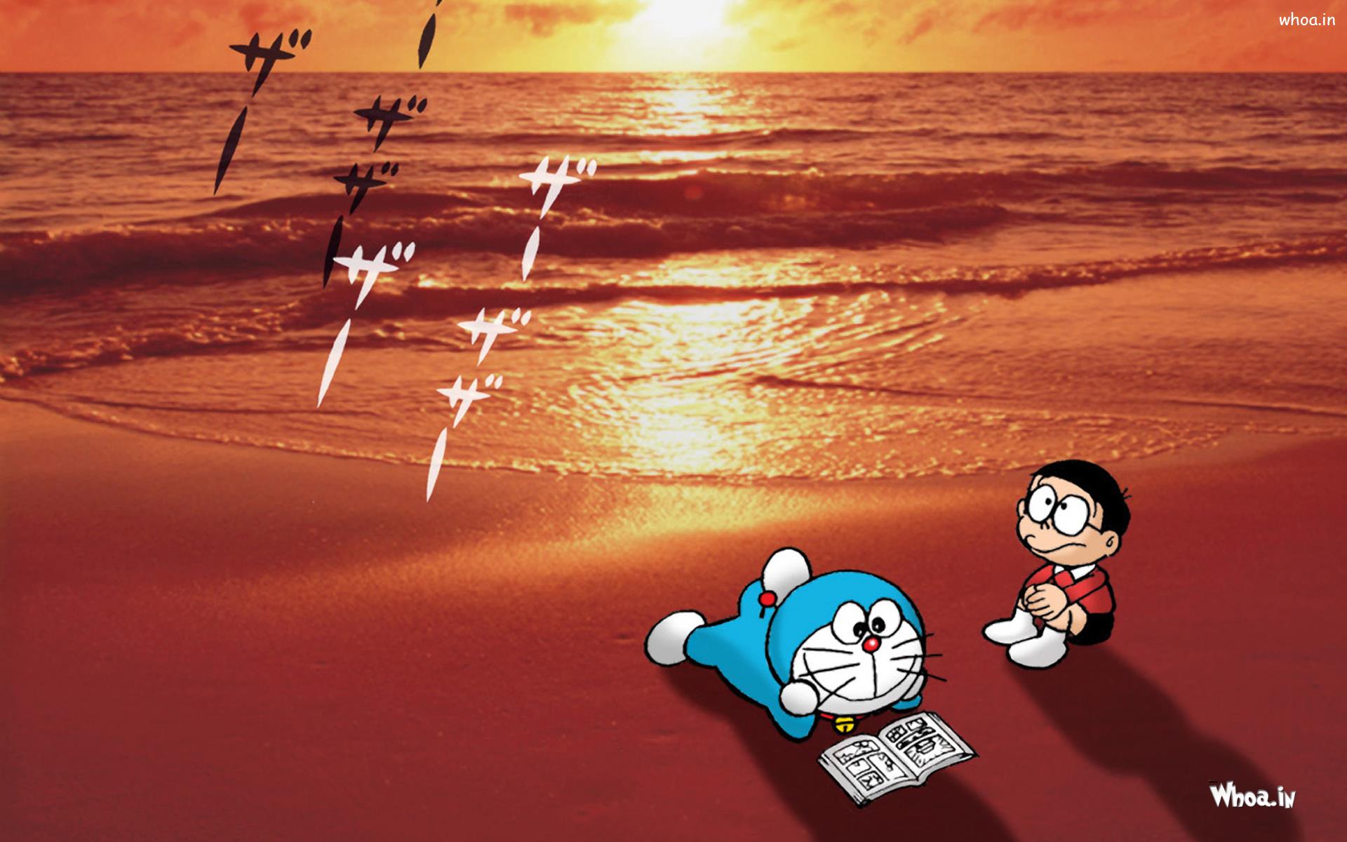 Doraemon Reading Book With Nice Sunset Wallpaper