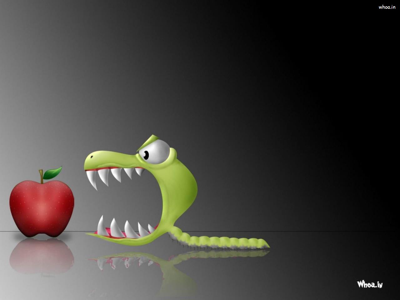 Green Bug Eat Red Apple Lunch Time HD Cartoon Funny Wallpaper