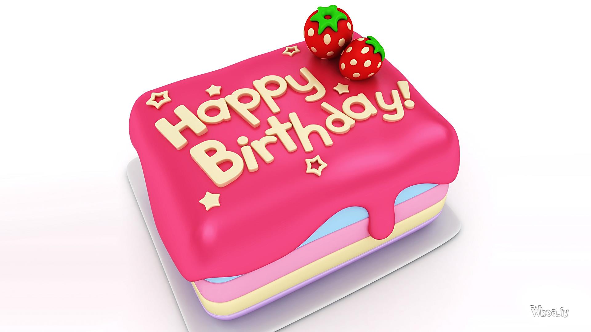 Happy Birthday Pink Strawberry Cake HD Wallpaper