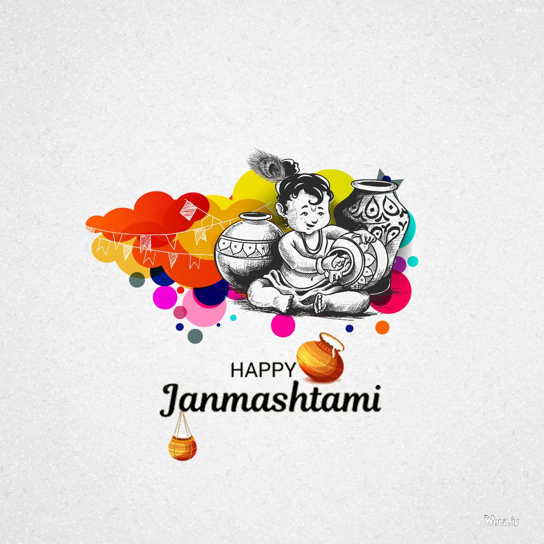 Happy Janmashtami With Bal Krishna & Dahi Handi HD Wallpaper