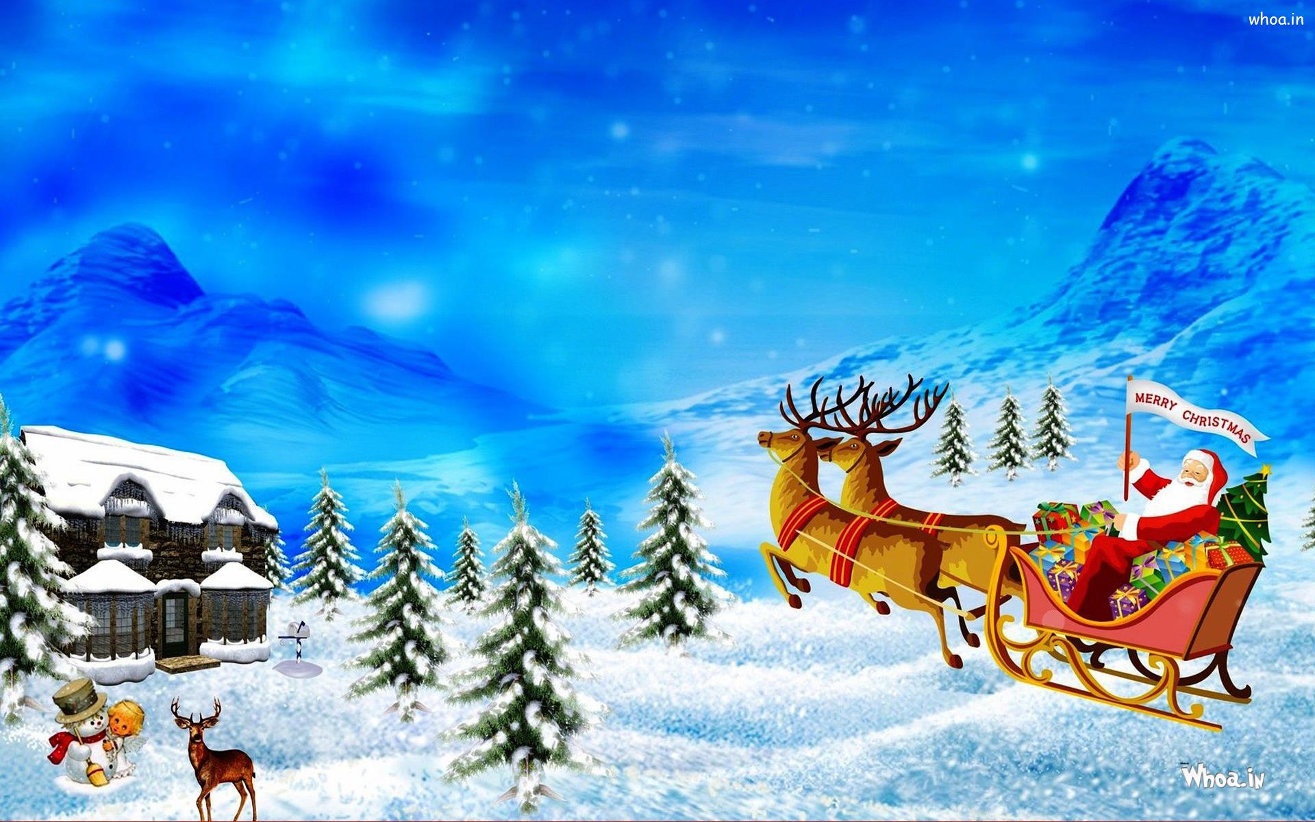 Santa Claus Ride Sleigh With White Snow Background HD Wallpaper