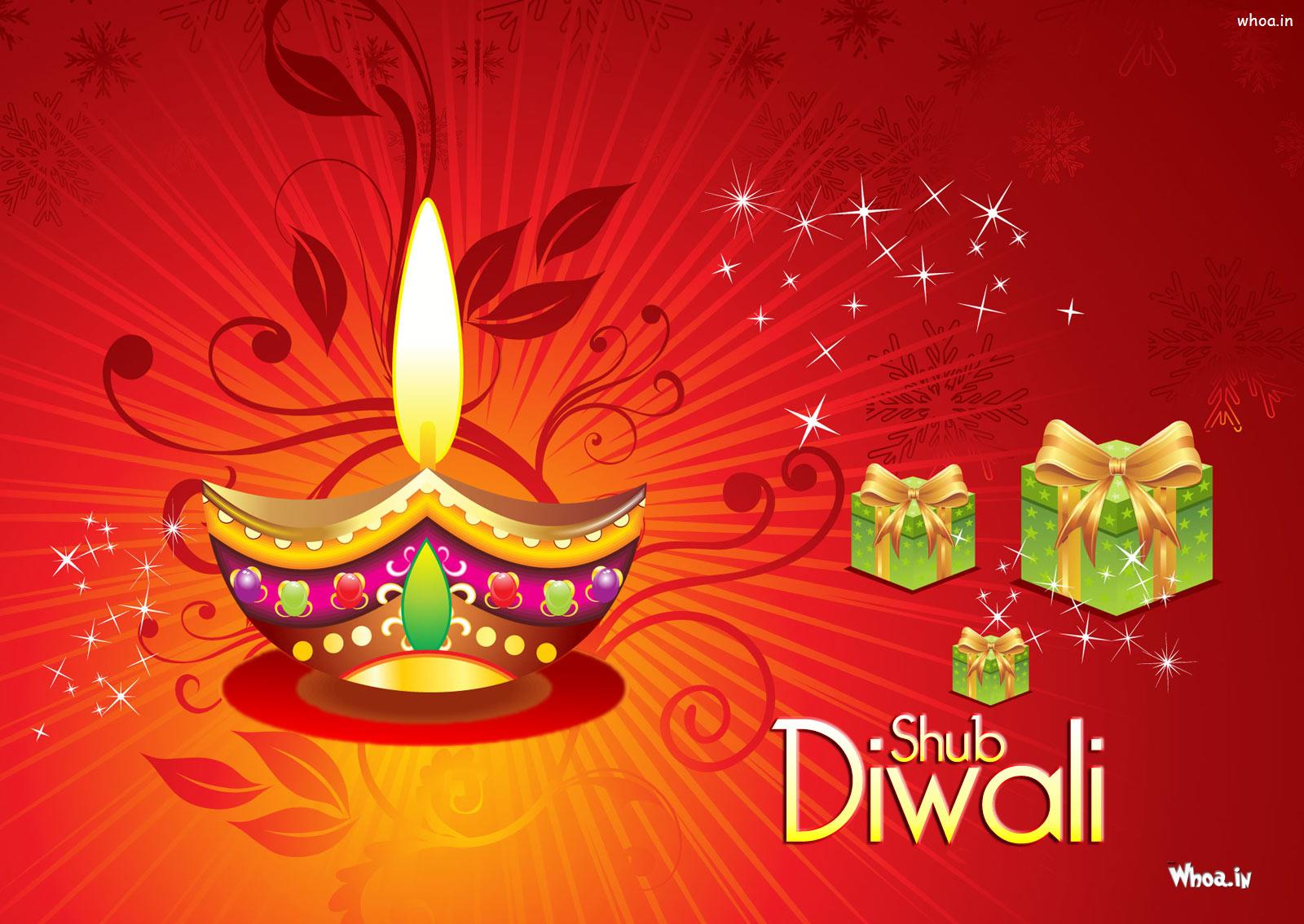 Shubh Diwali With Deepak And Gift Greeting HD Wallpaper
